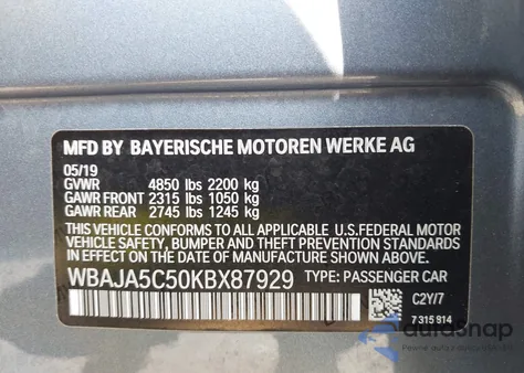 2019 BMW 530 from USA, damaged, VIN WBAJA5C50KBX87929